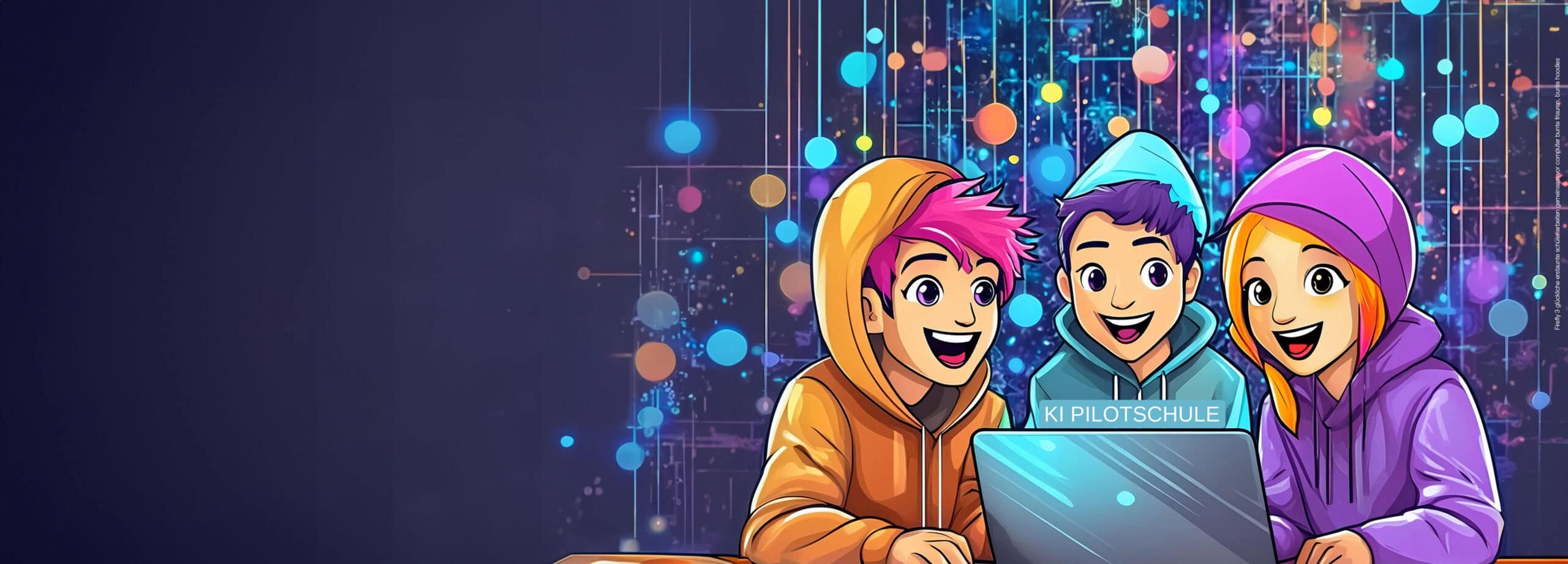 Firefly 3 glückliche erstaunte schüler arbeiten gemeinsam vor computer bunte frisuren, bunte hoodies